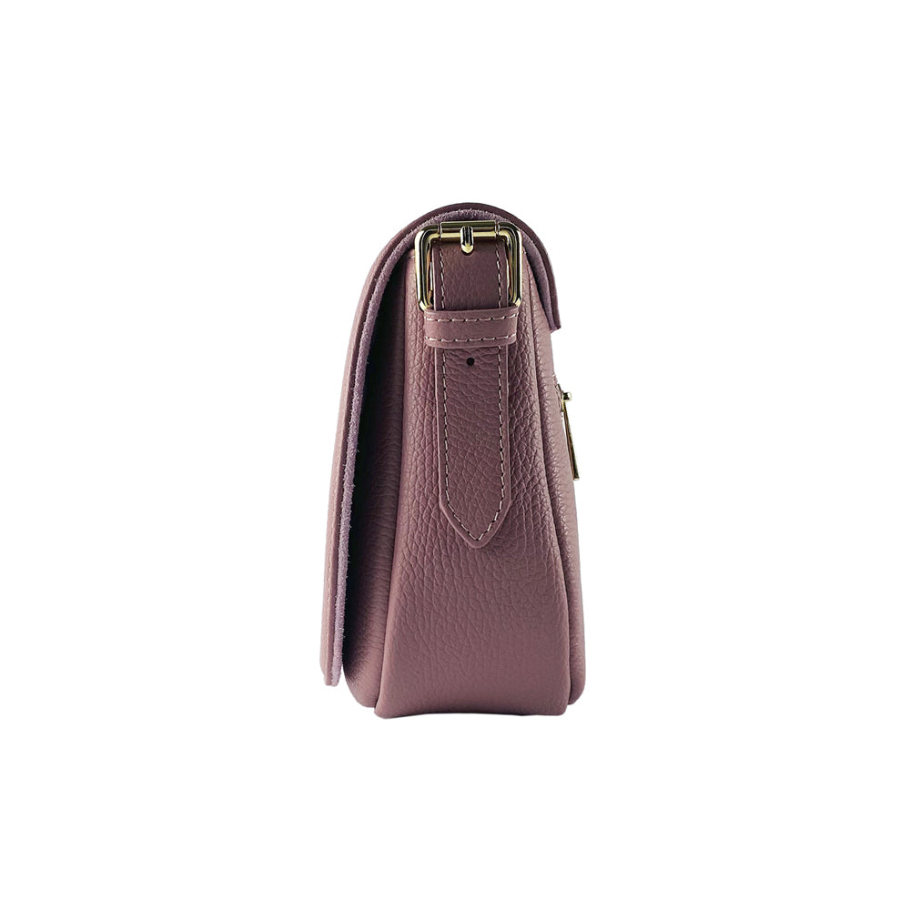 RB1002AZ | Borsa a Tracolla in Vera Pelle Made in Italy con Tracolla removibile in pelle e attacchi con fibbie in metallo Oro Lucido - Colore Rosa Antico - Dimensioni: cm 26 x 20 x 10-2