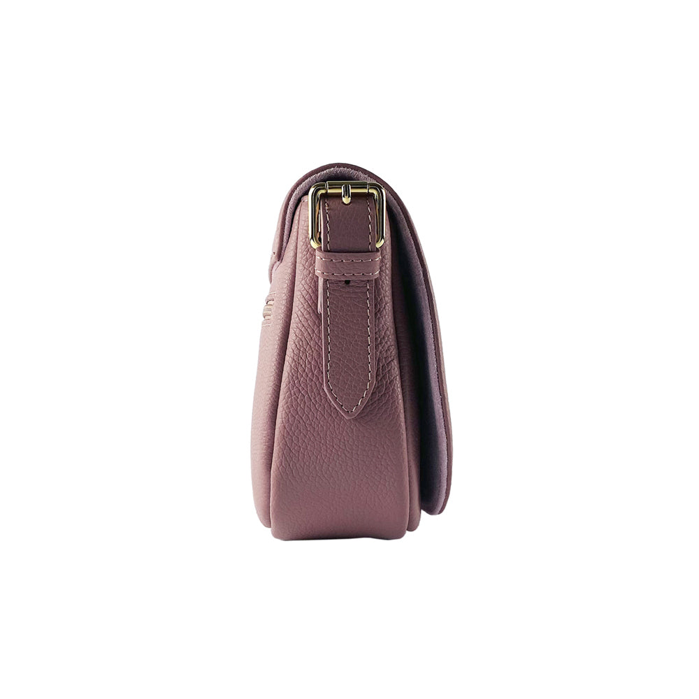 RB1002AZ | Borsa a Tracolla in Vera Pelle Made in Italy con Tracolla removibile in pelle e attacchi con fibbie in metallo Oro Lucido - Colore Rosa Antico - Dimensioni: cm 26 x 20 x 10-3