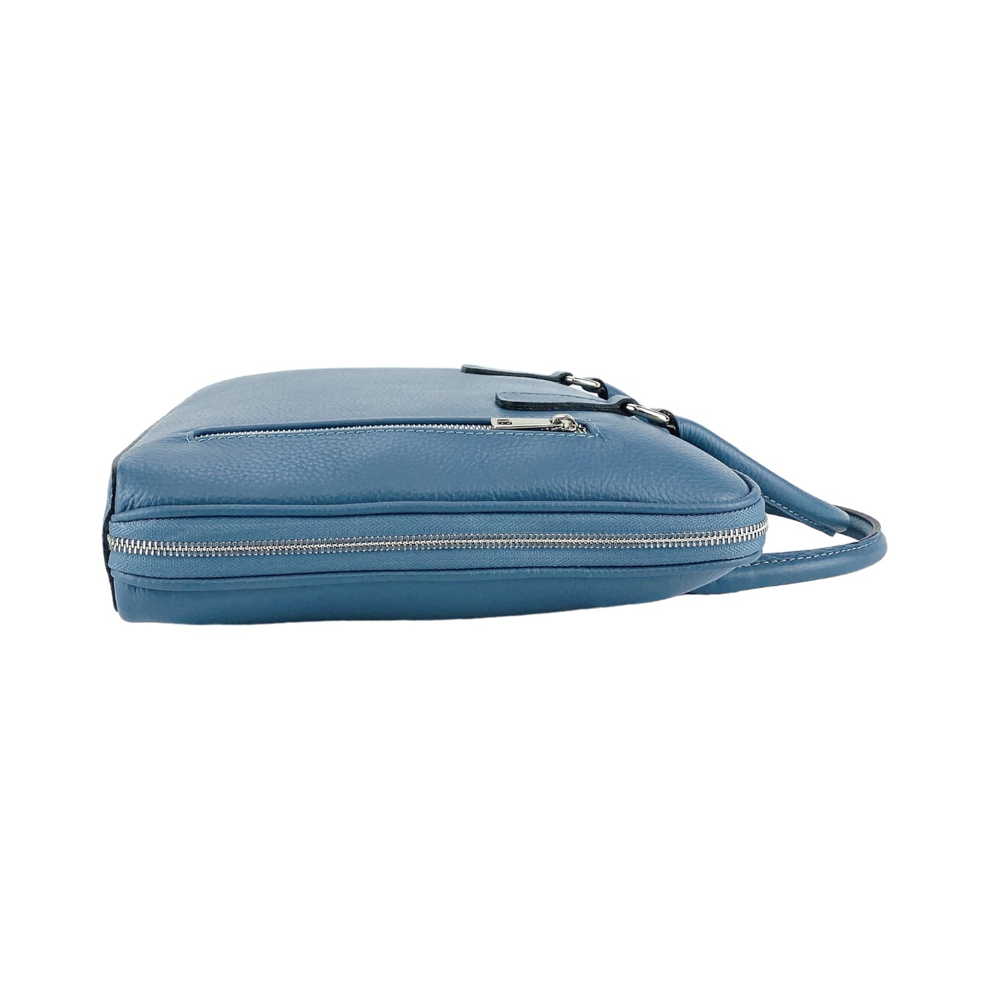 RB1019P | Cartella Business Unisex in Vera Pelle Made in Italy con tracolla removibile. Attacchi con moschettoni in metallo Nickel Lucido - Colore Avio - Dimensioni: cm 37 x 29 x 6,5-2