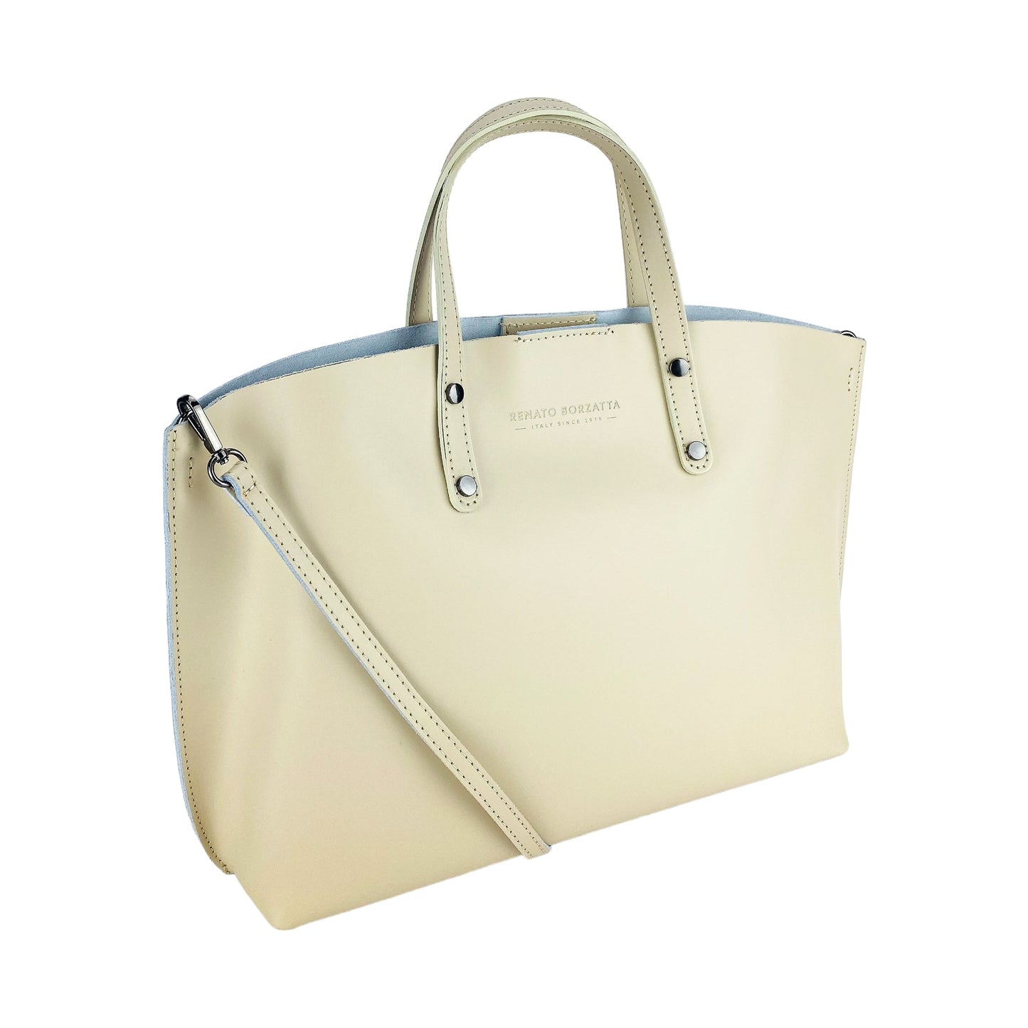 RB1024AL | Borsa Donna a Mano in Vera Pelle Made in Italy con tracolla removibile. Sacca grande interna estraibile. Accessori Canna di Fucile Lucido - Colore Beige - Dimensioni: cm 48x31x11-0