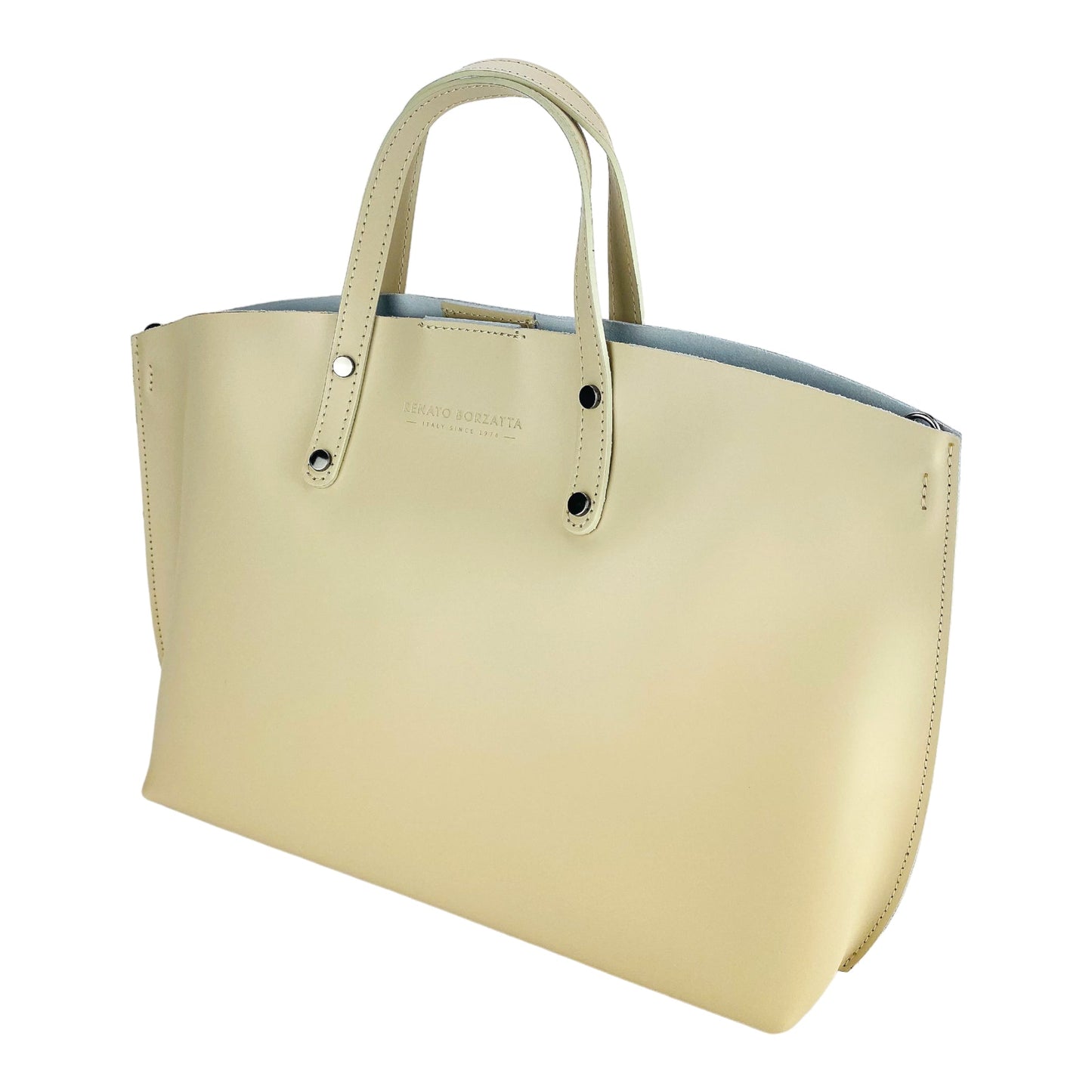 RB1024AL | Borsa Donna a Mano in Vera Pelle Made in Italy con tracolla removibile. Sacca grande interna estraibile. Accessori Canna di Fucile Lucido - Colore Beige - Dimensioni: cm 48x31x11-2
