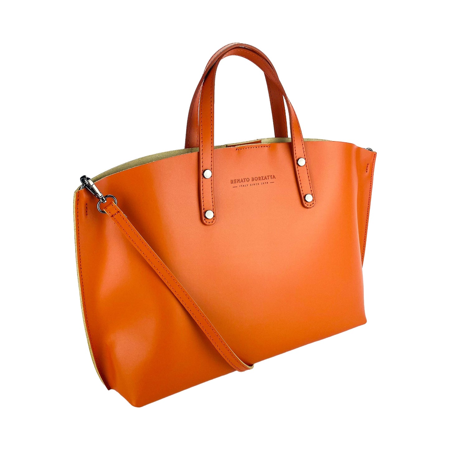 RB1024AM | Borsa Donna a Mano in Vera Pelle Made in Italy con tracolla removibile. Sacca grande interna estraibile. Accessori Canna di Fucile Lucido - Colore Paprika - Dimensioni: cm 48x31x11-0