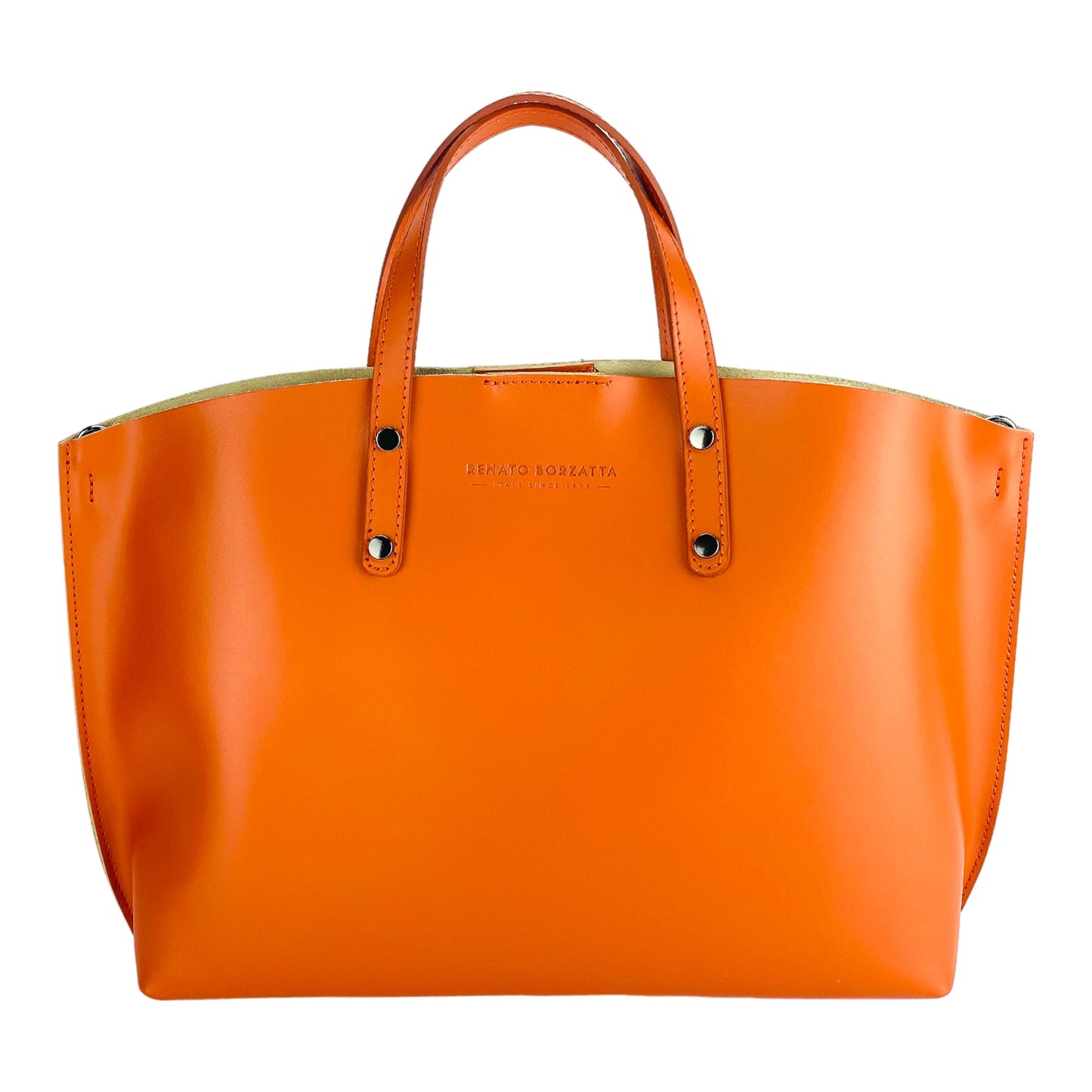 RB1024AM | Borsa Donna a Mano in Vera Pelle Made in Italy con tracolla removibile. Sacca grande interna estraibile. Accessori Canna di Fucile Lucido - Colore Paprika - Dimensioni: cm 48x31x11-1