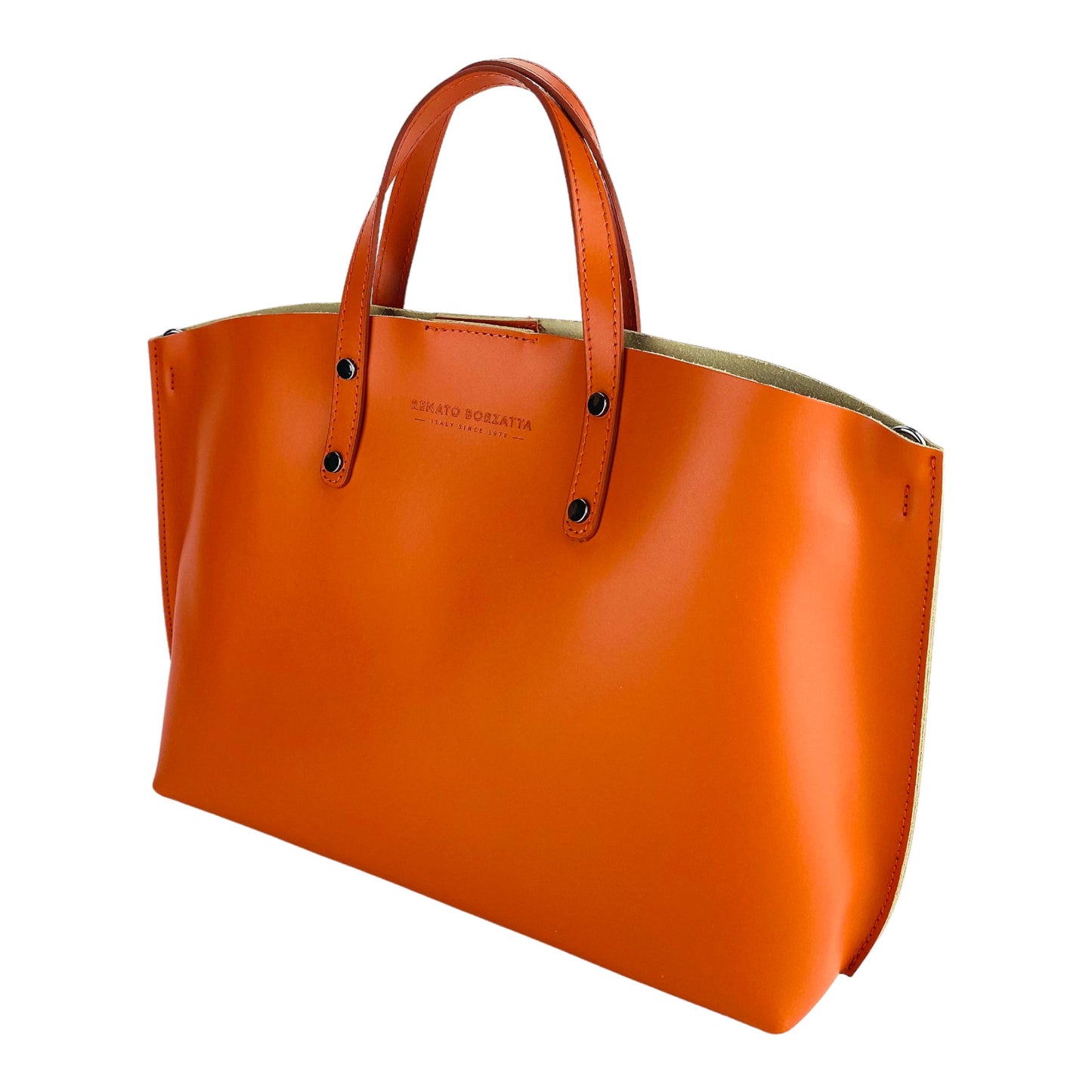 RB1024AM | Borsa Donna a Mano in Vera Pelle Made in Italy con tracolla removibile. Sacca grande interna estraibile. Accessori Canna di Fucile Lucido - Colore Paprika - Dimensioni: cm 48x31x11-2