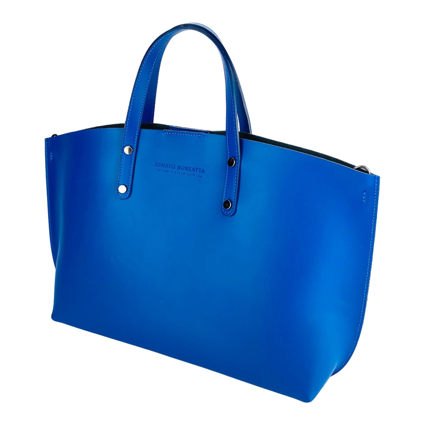 RB1024CH | Borsa Donna a Mano in Vera Pelle Made in Italy con tracolla removibile. Sacca grande interna estraibile. Accessori Canna di Fucile Lucido - Colore Blu Royal - Dimensioni: cm 48x31x11-2