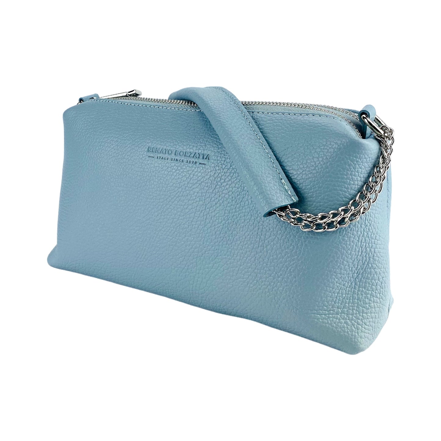 RB1025CL | Borsa Donna a Mano con doppia lampo in Vera Pelle Made in Italy. Tracolla in pelle regolabile. Accessori Nickel Lucido - Colore Celeste - Dimensioni: cm 26 x 14 x 9-2