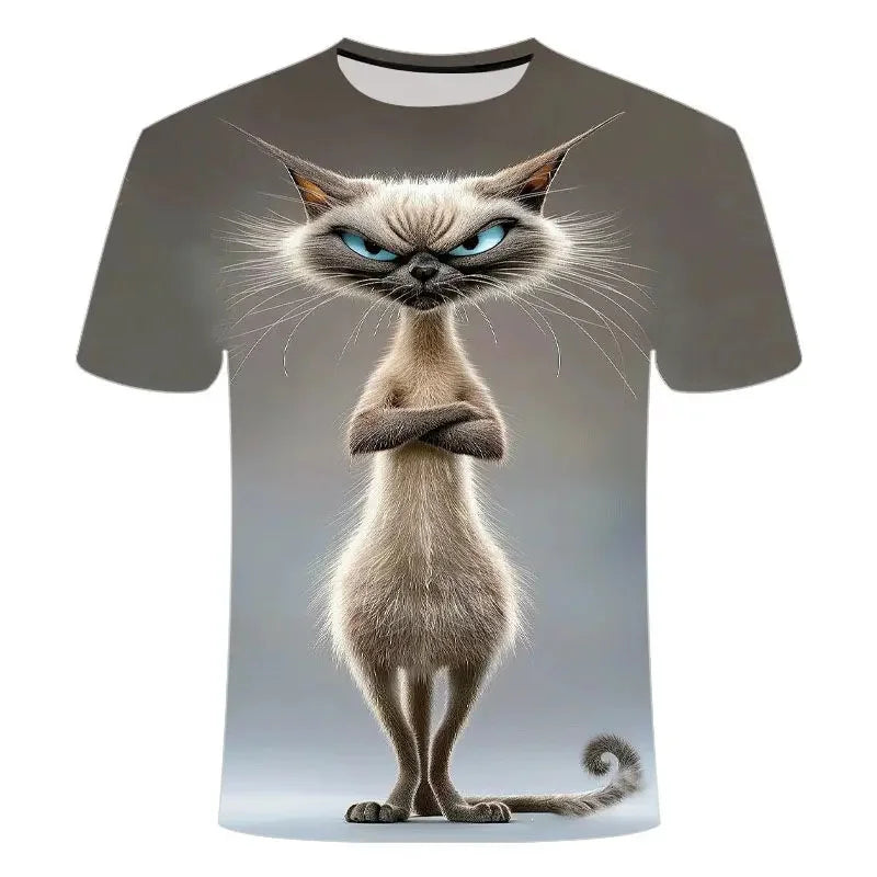 Funny Cat Pattern T-Shirt For Men Personality Animal 3D Printed T Shirts Summer Loose Short Sleeved Tops Casual Round Neck Tees