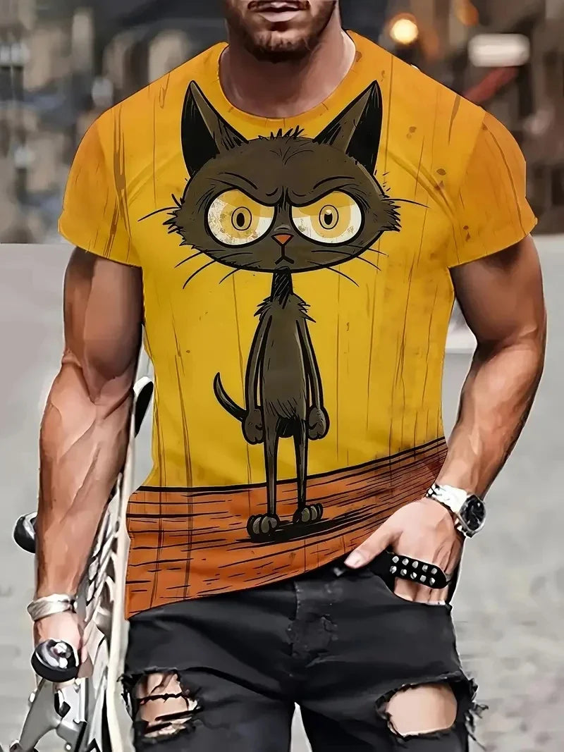 Funny Cat Pattern T-Shirt For Men Personality Animal 3D Printed T Shirts Summer Loose Short Sleeved Tops Casual Round Neck Tees