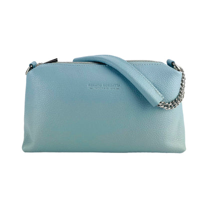 RB1025CL  | Borsa Donna a Mano con doppia lampo in Vera Pelle Made in Italy. Tracolla in pelle regolabile. Accessori Nickel Lucido - Colore Celeste - Dimensioni: cm 26 x 14 x 9-3